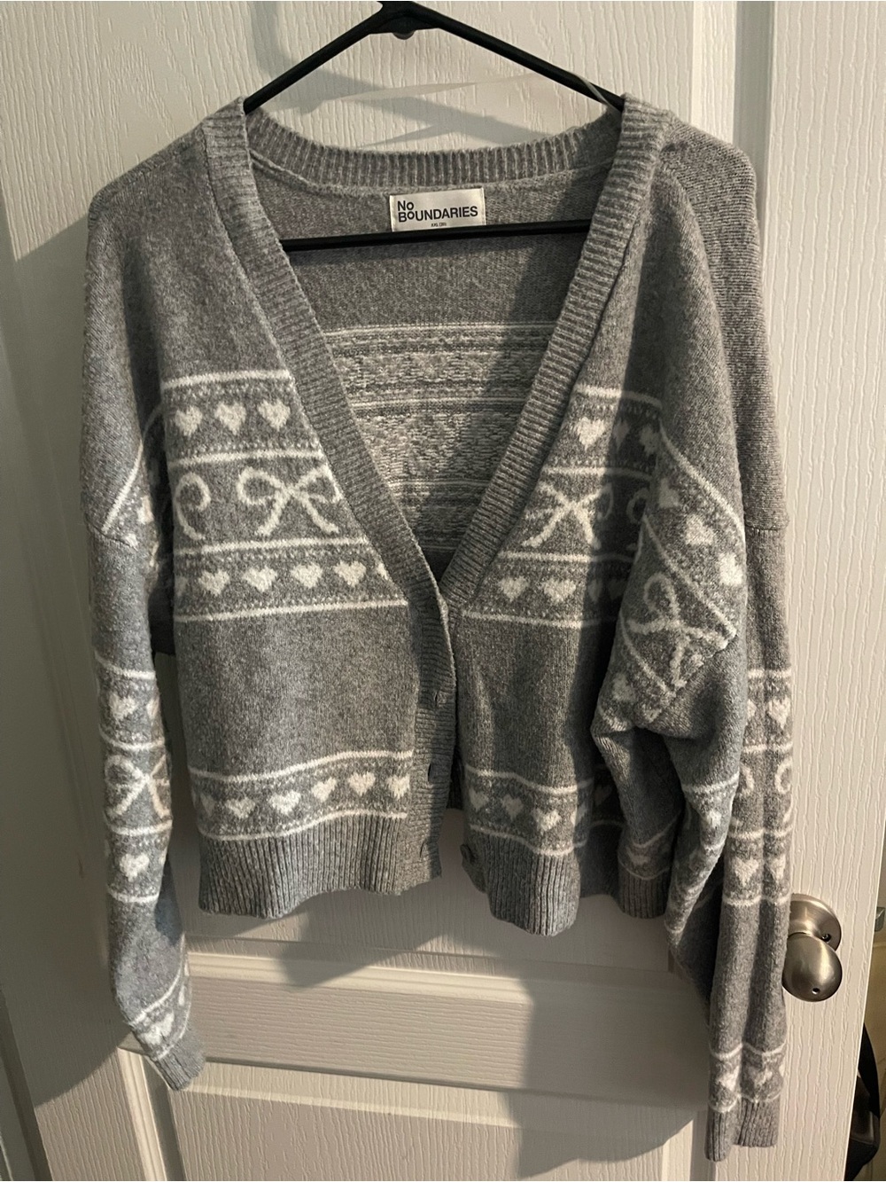 No Boundaries Gray and White Patterned V-Neck Cardigan